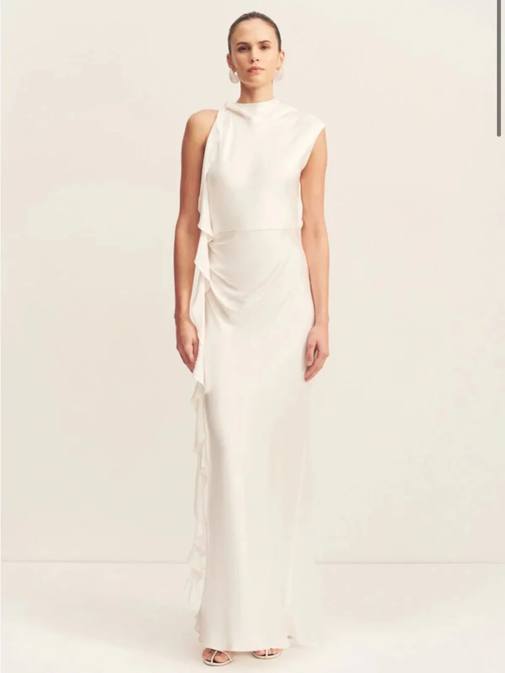 Shona Joy White Sleeveless Gown with Side Ruffle